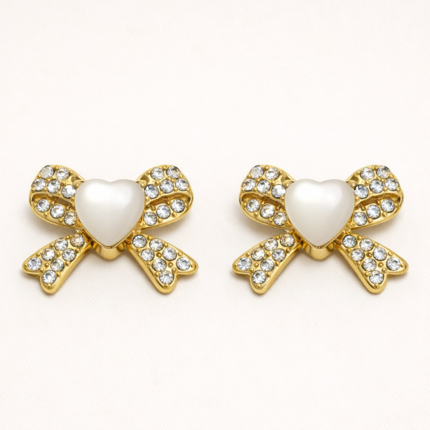 Heart Bow Pearl Crystal Gold-Plated Stud Earrings