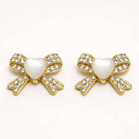 Heart Bow Pearl Crystal Gold-Plated Stud Earrings