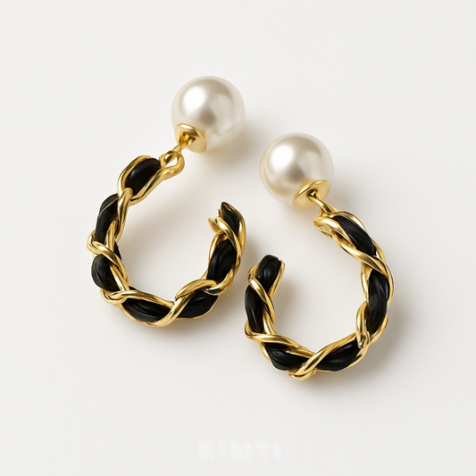 Black & Gold Twist Pearl Earrings
