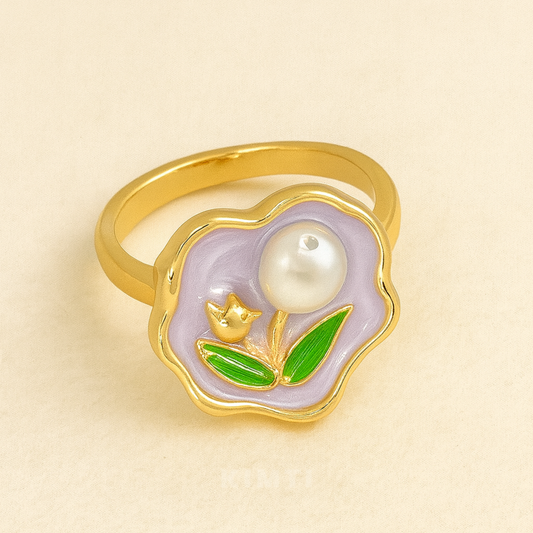 18K Gold Plated Lavender Enamel Flower Ring