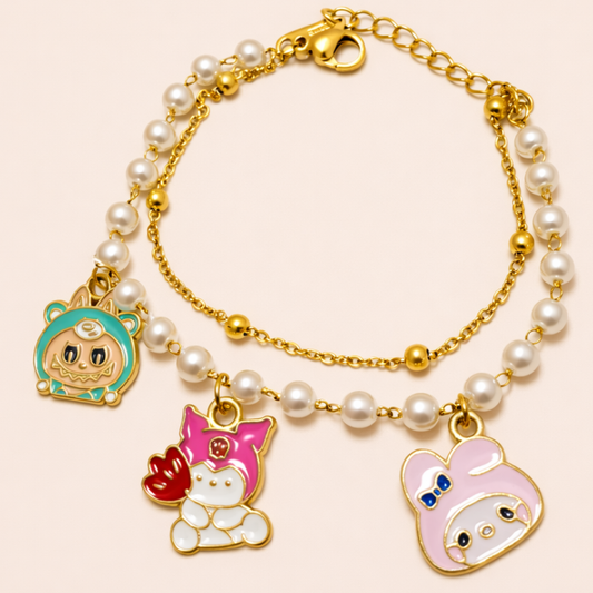 18K Gold Plated Pearl & Cartoon Charm Bracelet