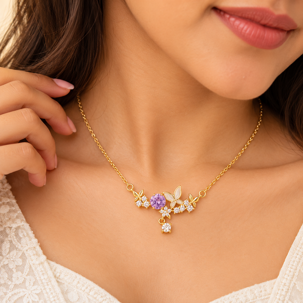 18K Gold-Plated Purple Bloom Butterfly Necklace