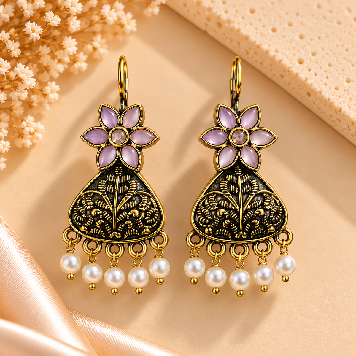 Oxidised Pastel Bloom Pearl Jhumka