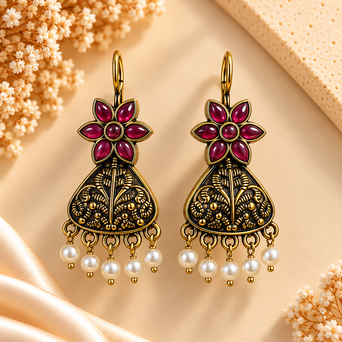 Oxidised Pastel Bloom Pearl Jhumka