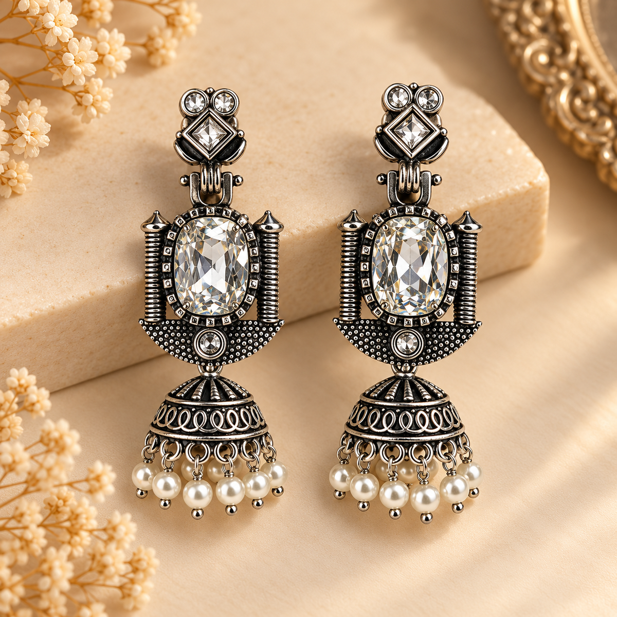 Oxidised Silver Traditional Jhumka Earrings