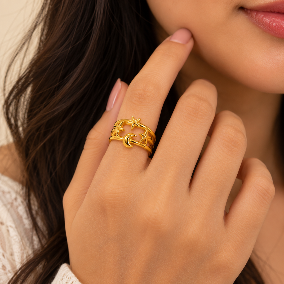 18K Gold Plated Moon & Stars Adjustable Statement Ring