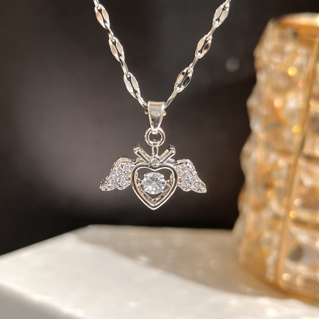 18k Silver  Angel Wing Heart Pendant Necklace