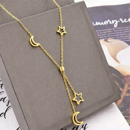 18k Gold Plated Cosmic Moon & Star Pendant Necklace