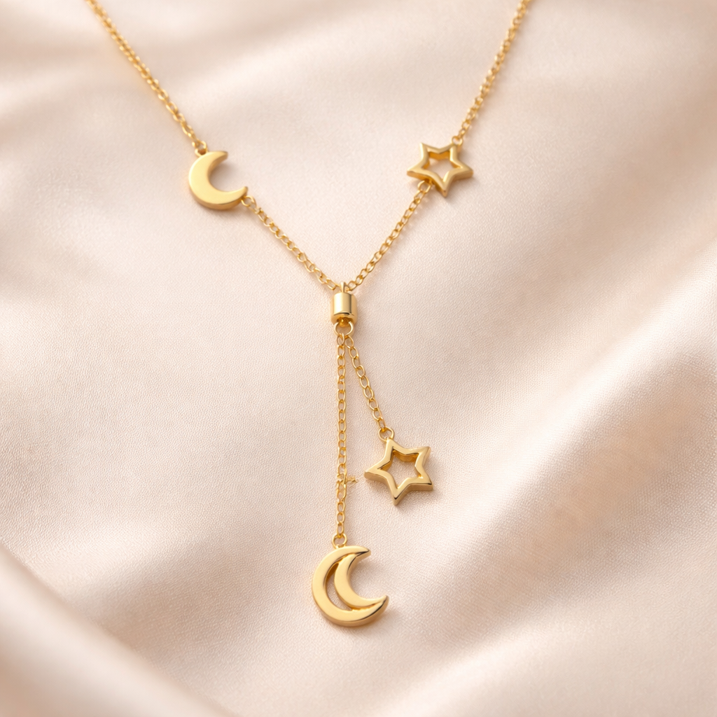 18k Gold Plated Cosmic Moon & Star Pendant Necklace