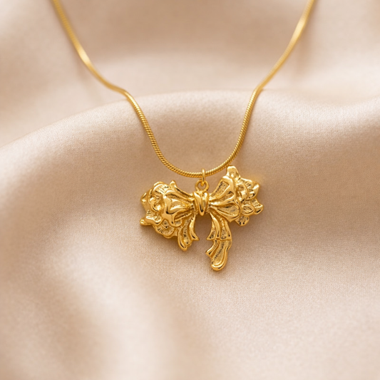 18k Gold Plated Golden Ribbon Bow Pendant Necklace