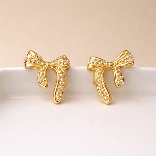 18k Plated Golden Bow Pear Earrings
