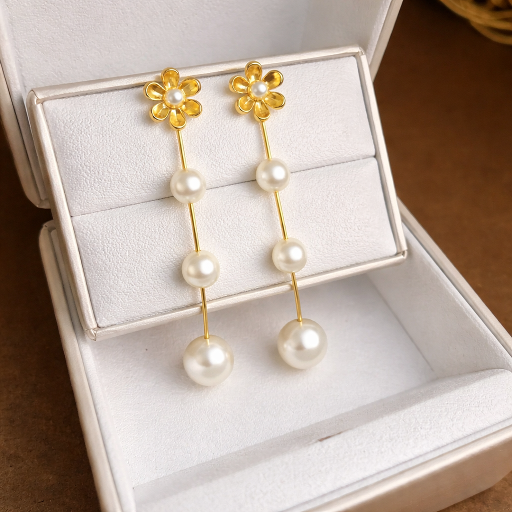 Flower Pearl Line Earrings