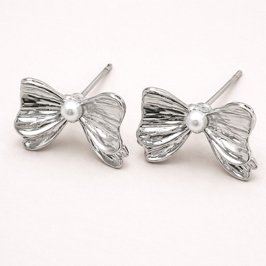 Silver Petal Pearl Bow Earrings