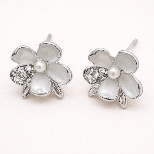 Silver Flower Pearl Earrings