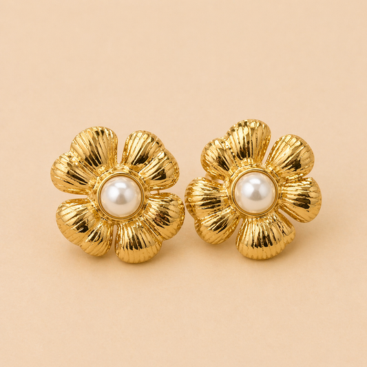 18K Gold Plated Flower Peral Chunky Earring