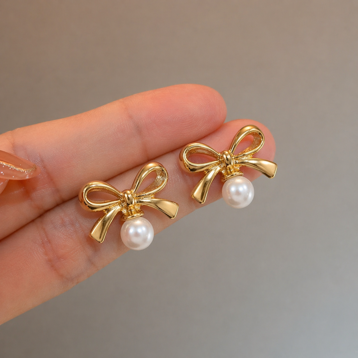 Golden Pearl Bow Stud Earring