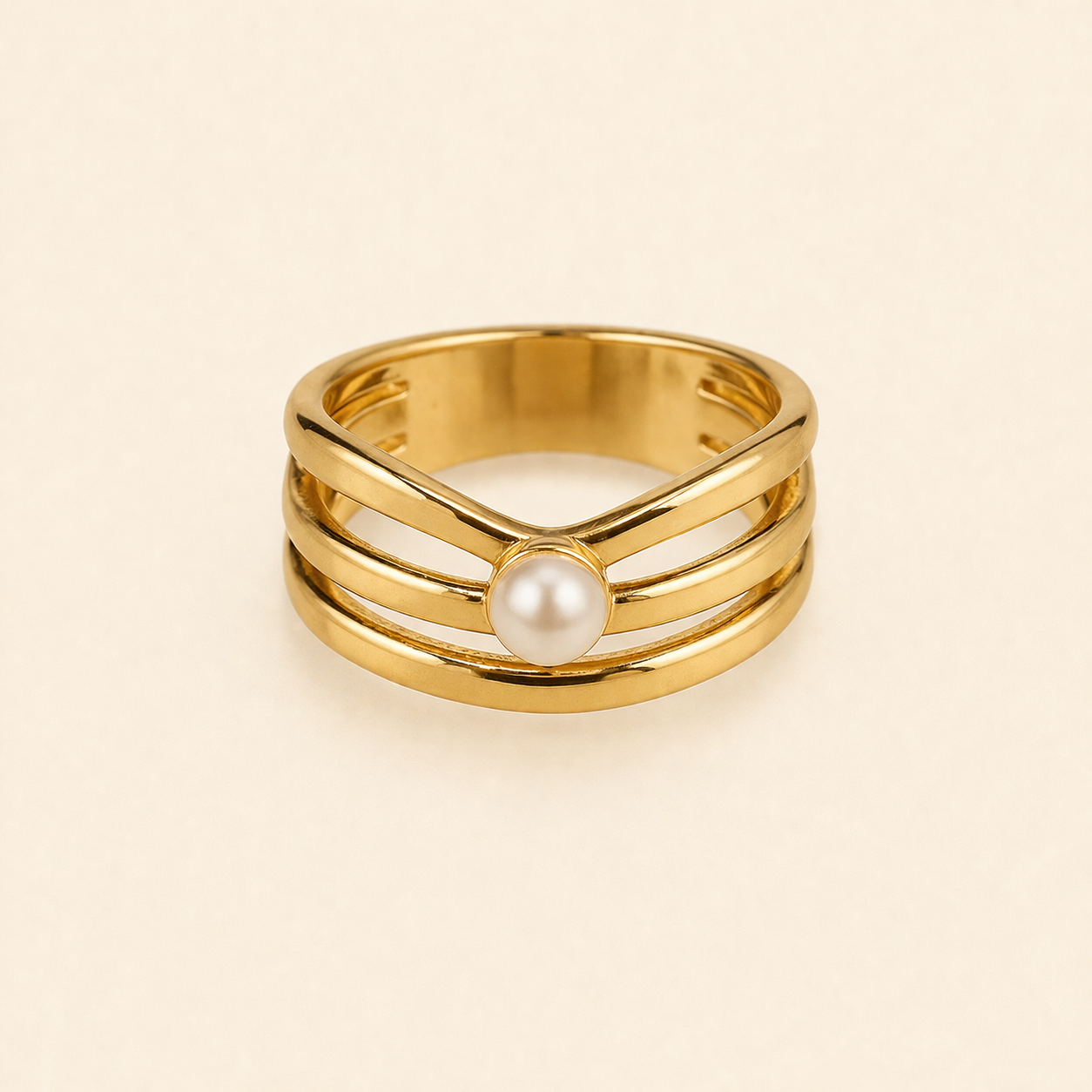 18K Gold Plated Golden Pearl Trinity Ring