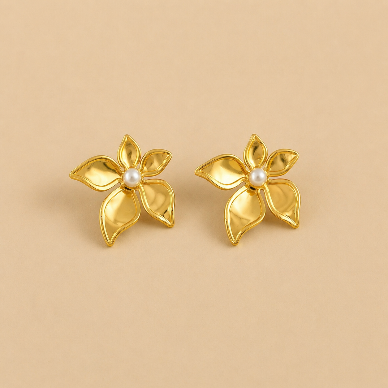 18K Gold Plated Pearl Petal Gold Flower Earrings
