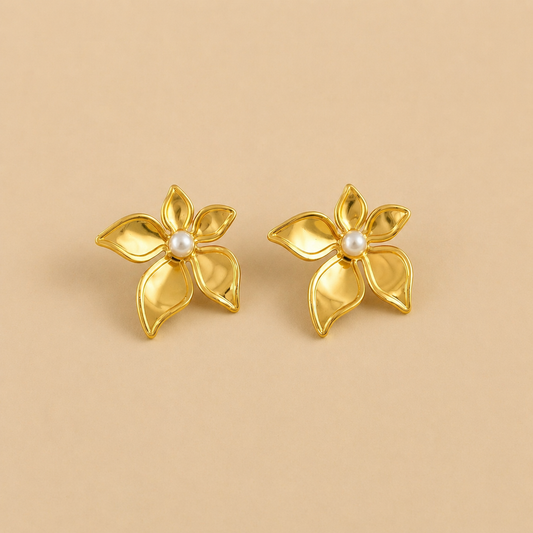 18K Gold Plated Pearl Petal Gold Flower Earrings
