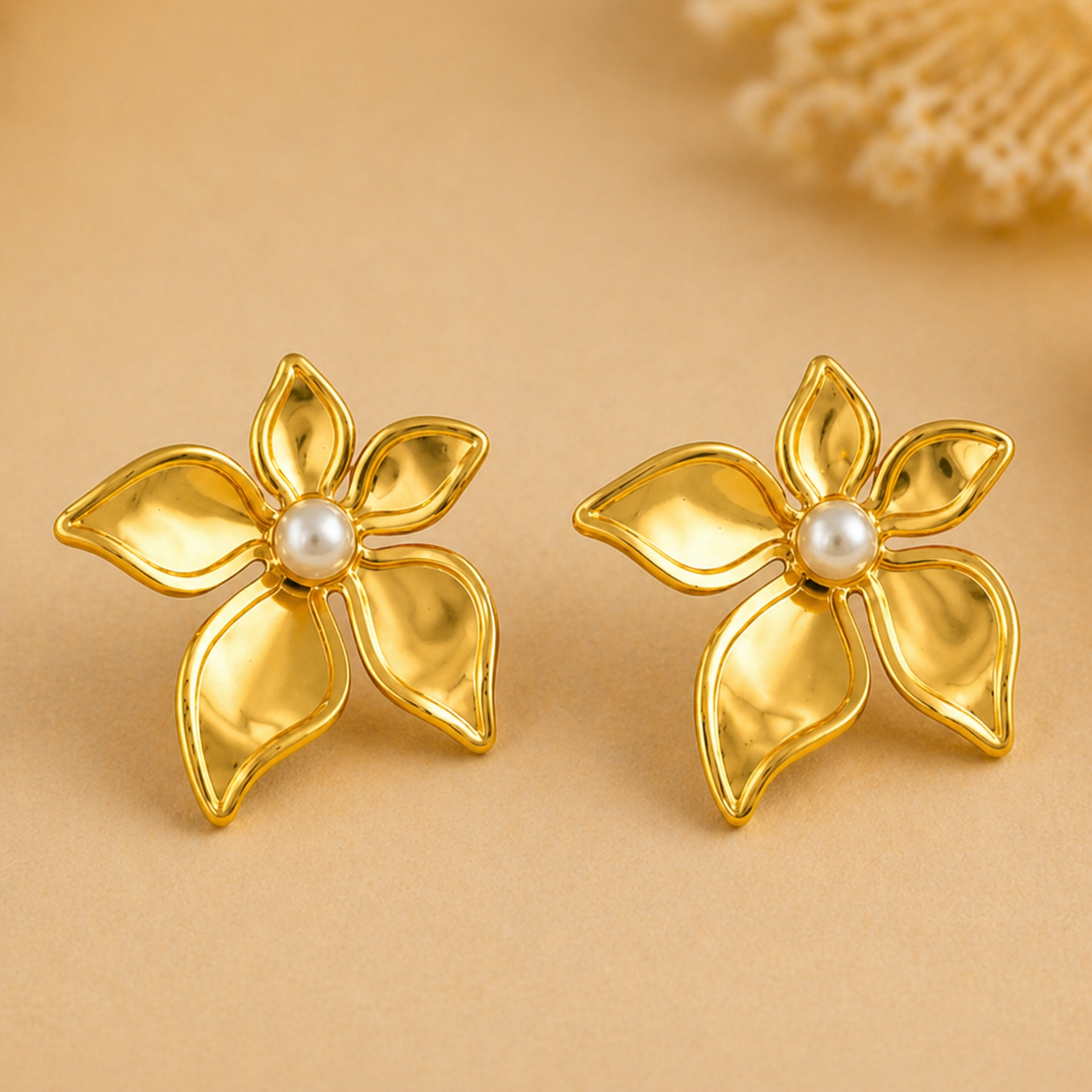 18K Gold Plated Pearl Petal Gold Flower Earrings