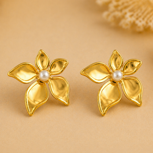18K Gold Plated Pearl Petal Gold Flower Earrings