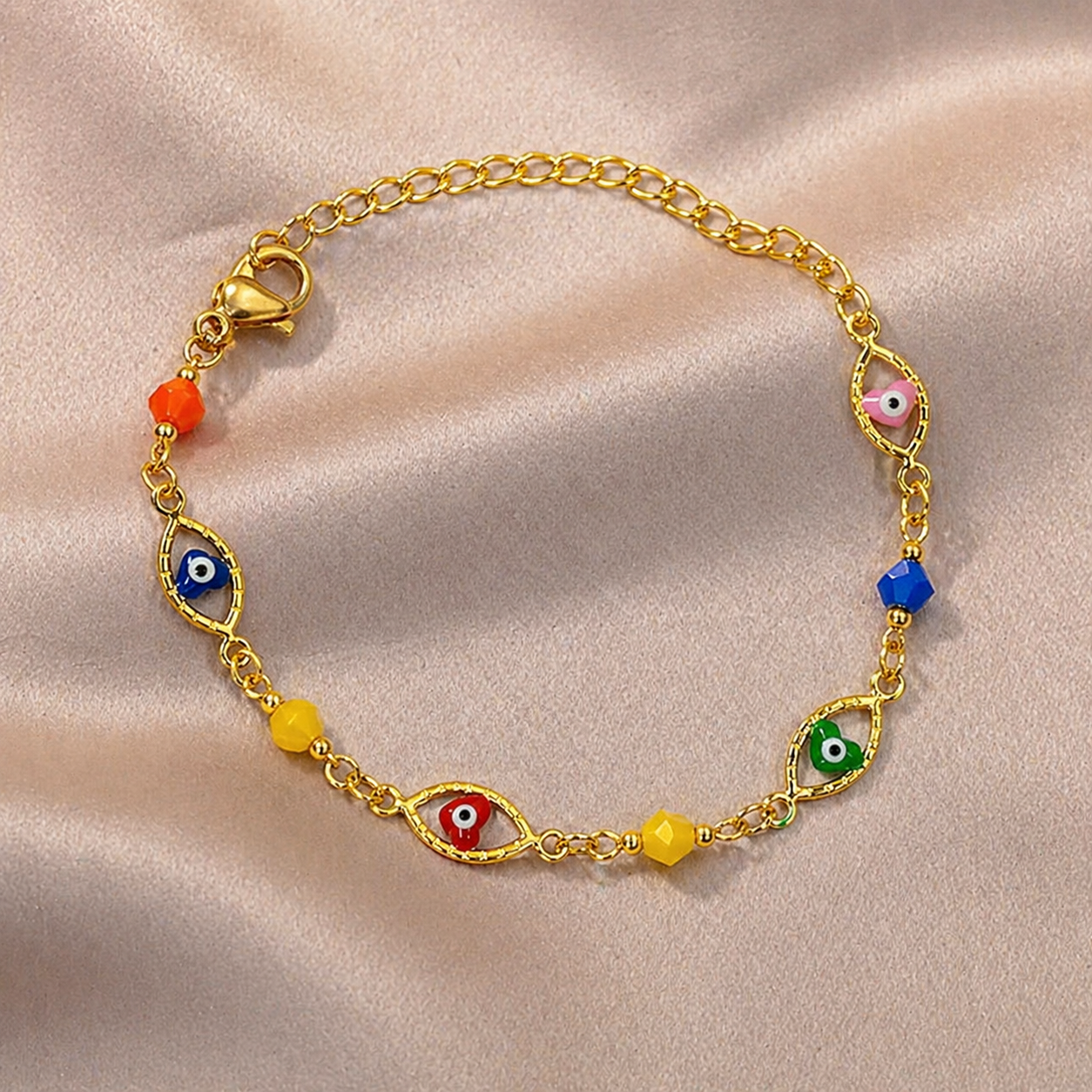 18K Gold Plated Multicolor Evil Eye Charm Bracelet