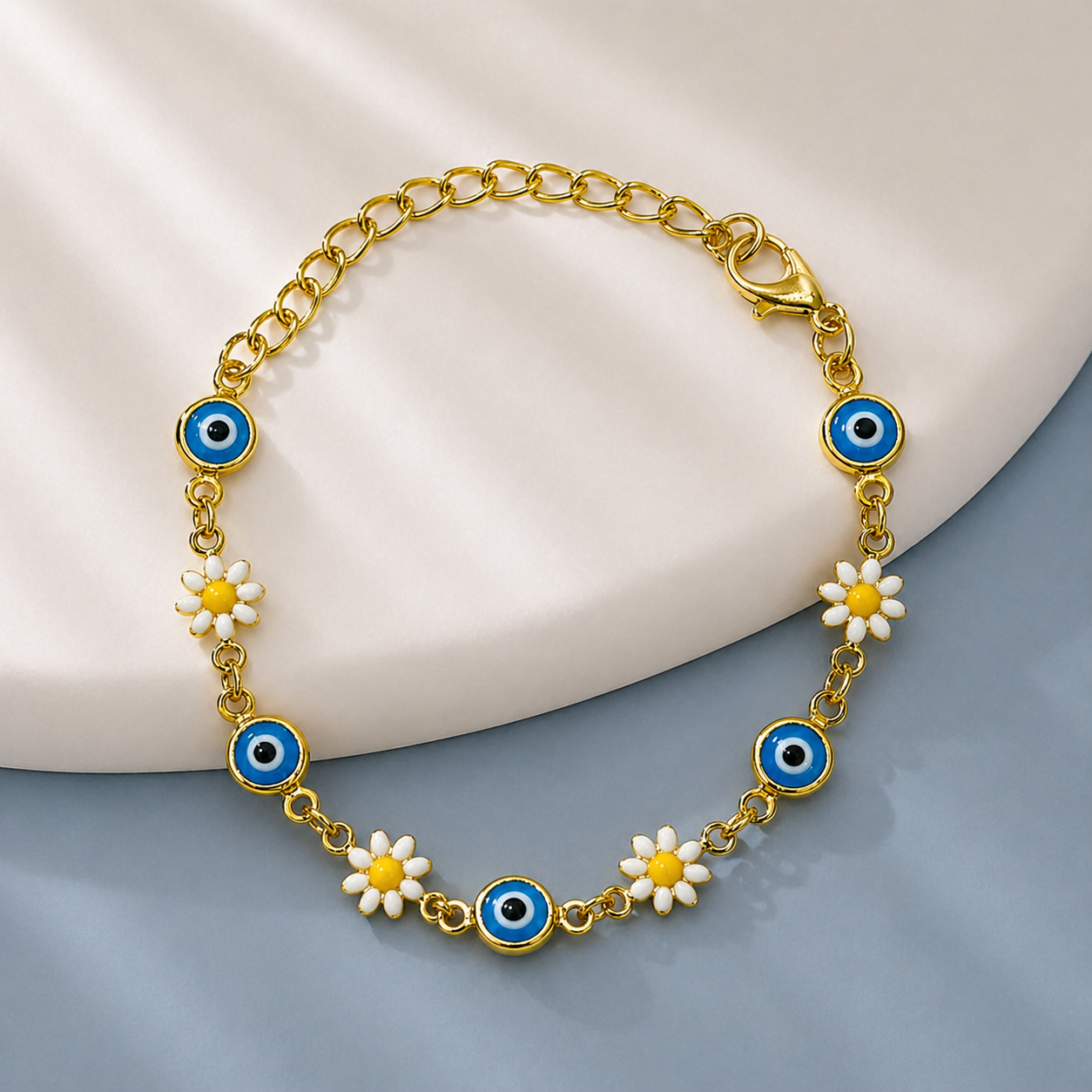 18K Gold Plated Floral Evil Eye Chain Bracelet