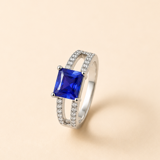 Silver Emerald Cut Sapphire Ring