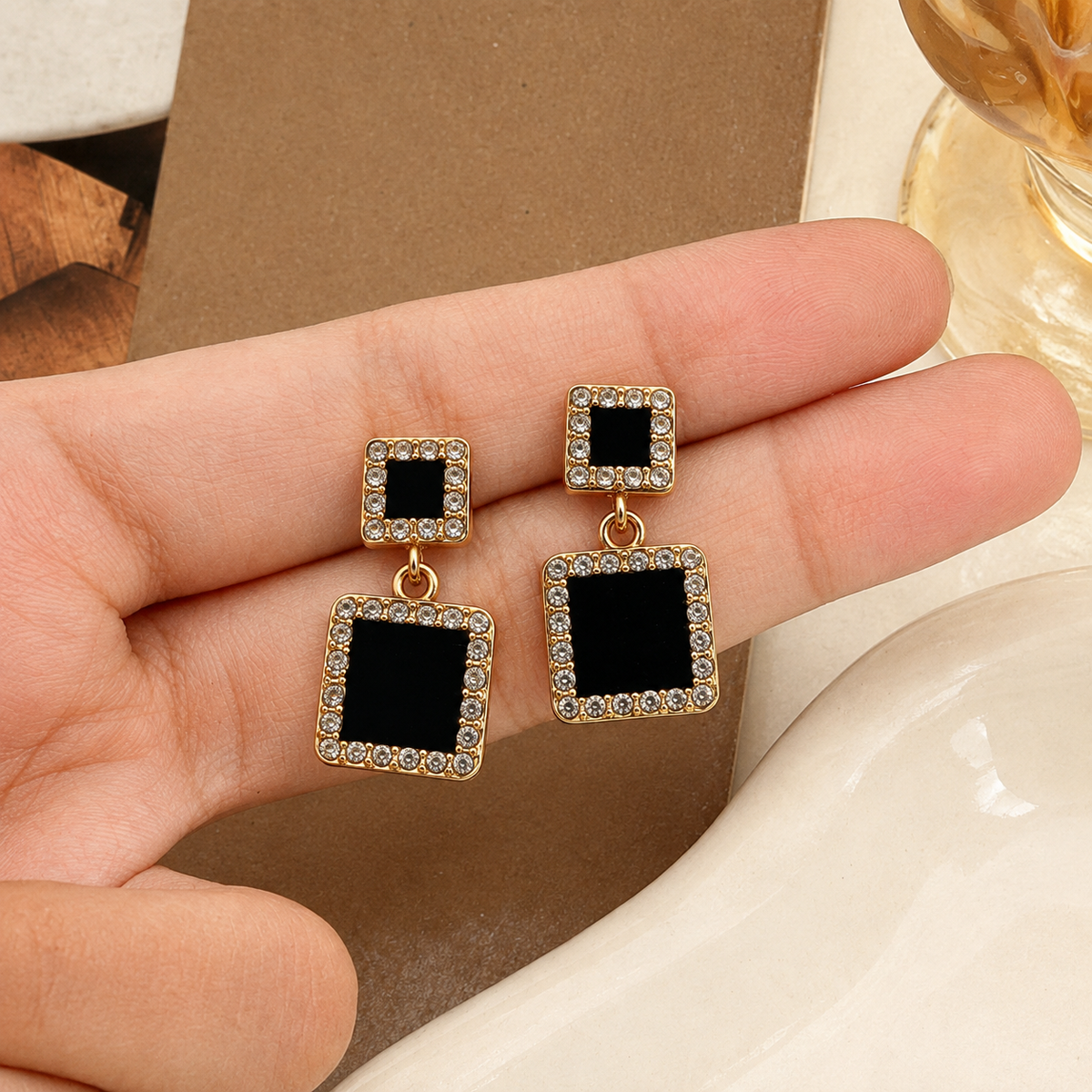 Gold-Toned Crystal Rectangular Shape Earring