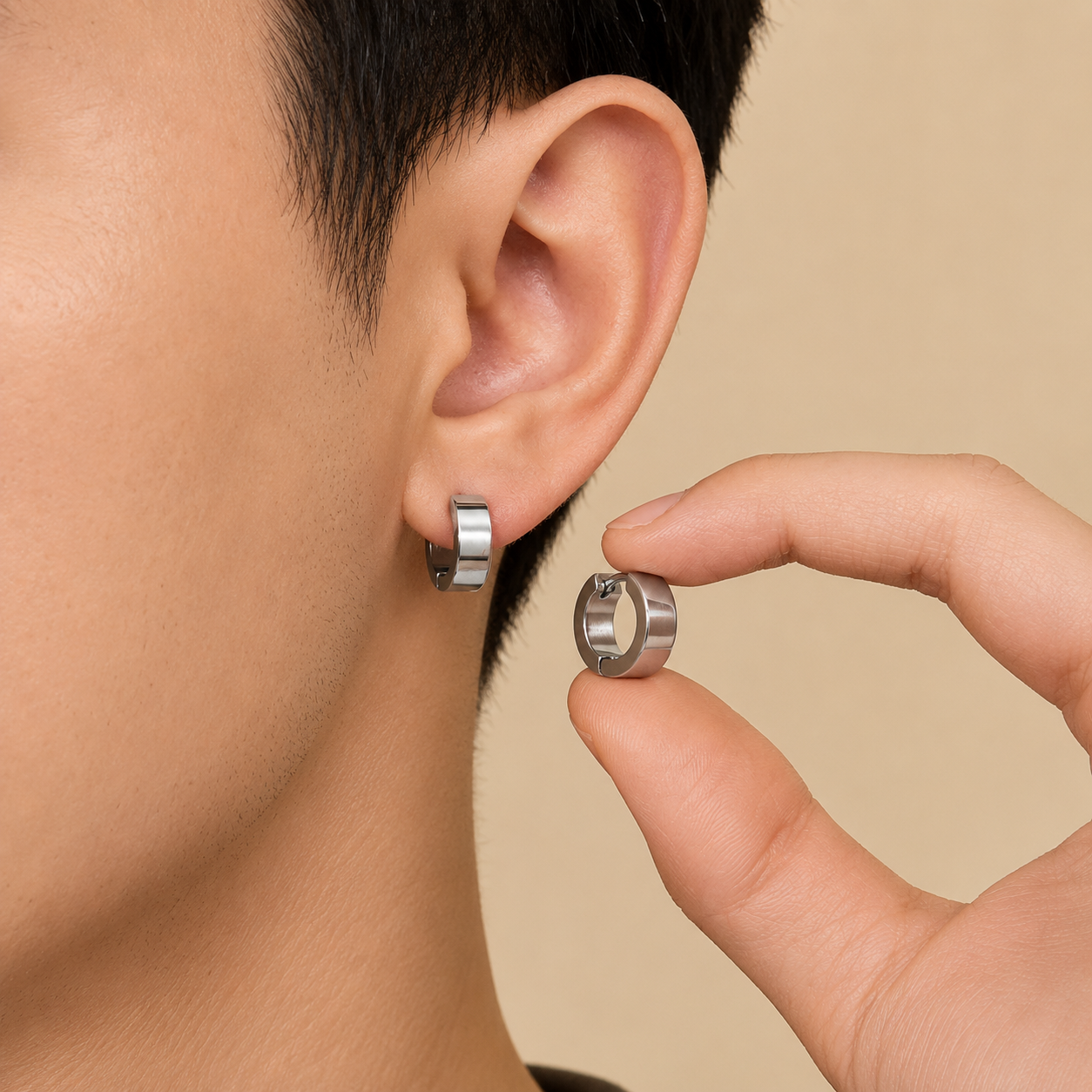 Men - Silver Classic Chunky Huggie Hoop Earrings