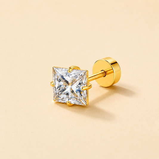Men - 18K Gold-Plated Princess Cut Diamond Stud Earring