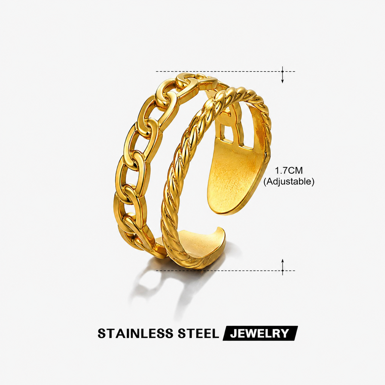 18K Gold-Plated Chain & Rope Dual Band Adjustable Ring