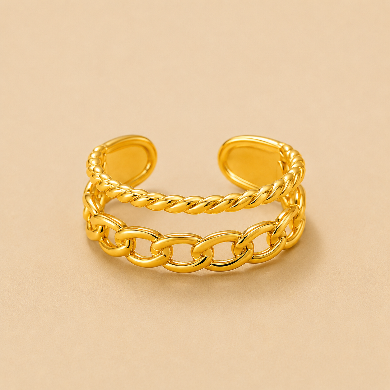 18K Gold-Plated Chain & Rope Dual Band Adjustable Ring
