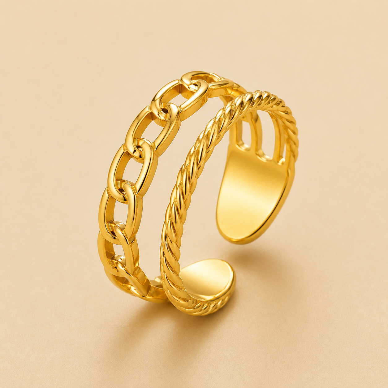 18K Gold-Plated Chain & Rope Dual Band Adjustable Ring