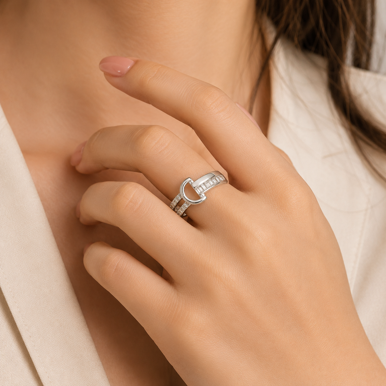 Silver Luxe Buckle Crystal Ring