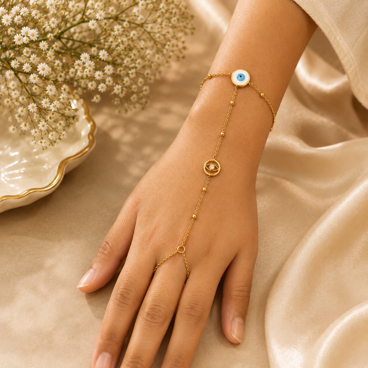 18K Gold Plated Evil Eye Hand Harness Bracelet