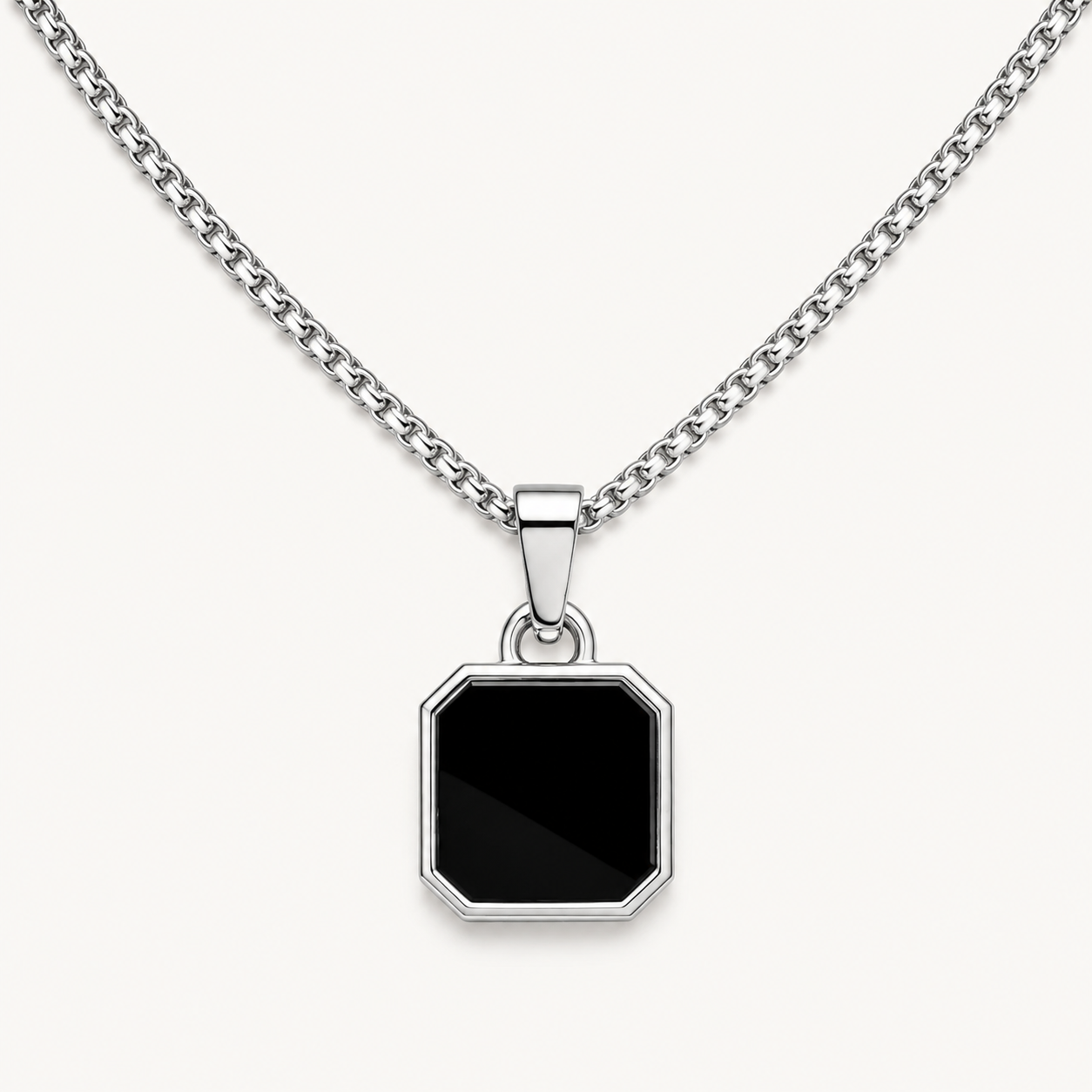 Men - Geometric Black Stone Silver Necklace