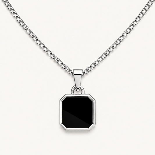 Men - Geometric Black Stone Silver Necklace