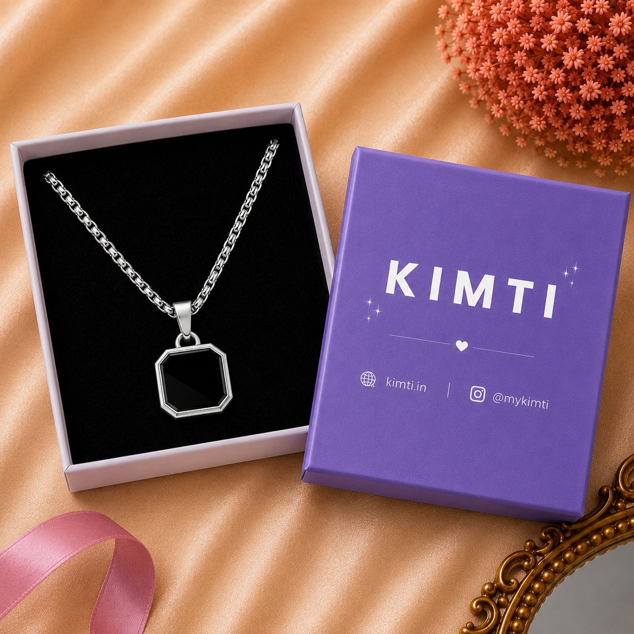 Men - Geometric Black Stone Silver Necklace