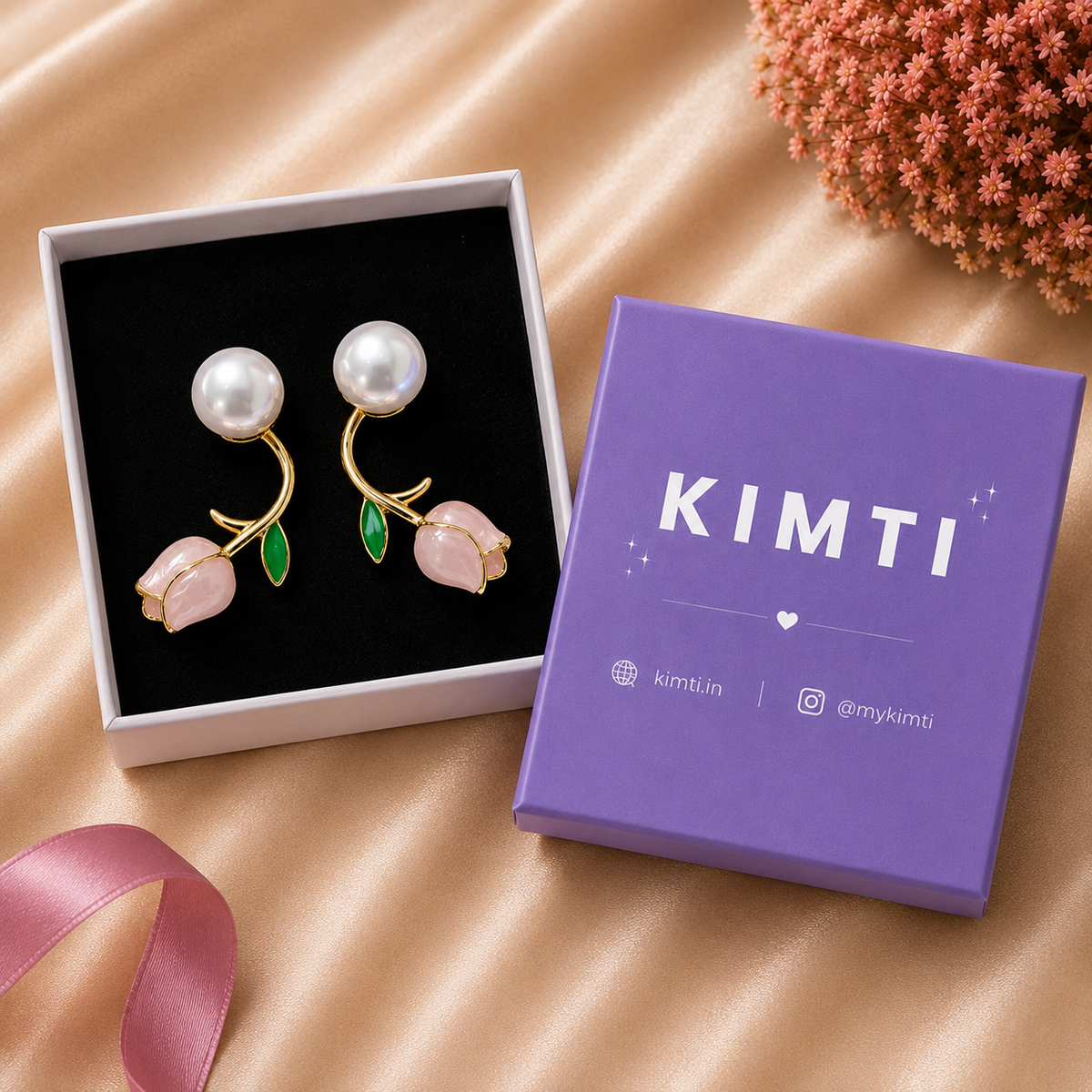 Pink Tulip Pearl Stud Earrings