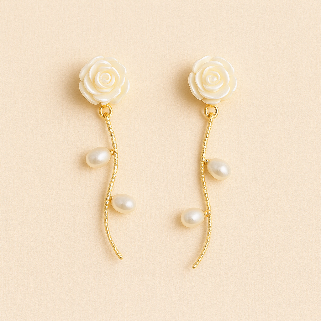 White Rosette Pearls Drops Earring