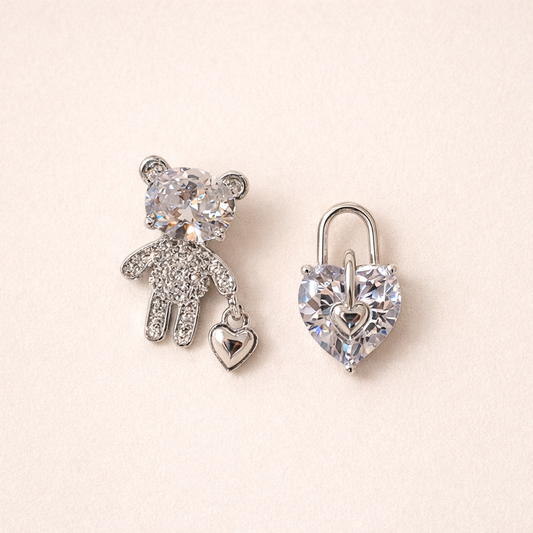 Silver Bear and Heart Lock Earrings