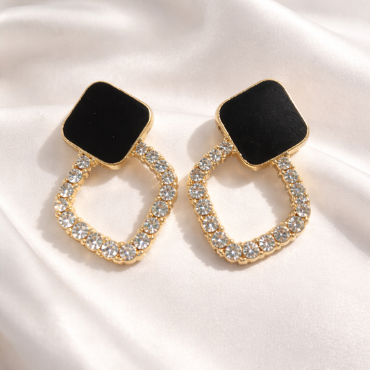Black Square Golden Stone Korean Earrings
