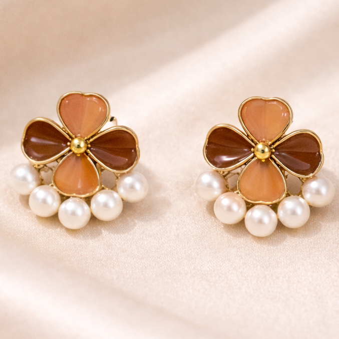 Orange Floral Rhinestone Earrings