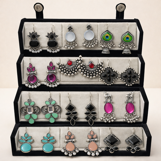 Set of 12  Oxidized Earrings with Black Jewellery Box
