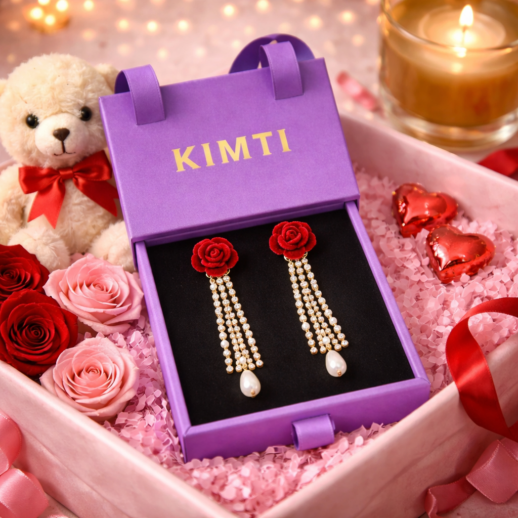 Wine Red Flocking Bow Pearl Tassel Earrings