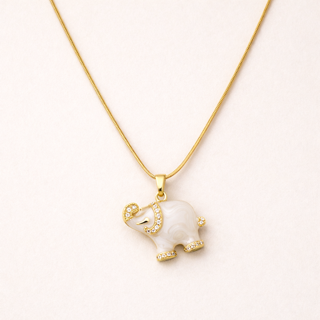 White & Gold-Toned Brass Elephant Necklace