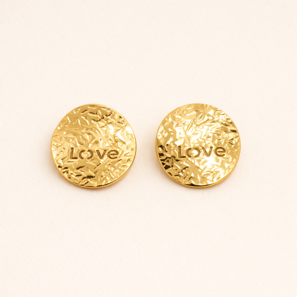 18K Gold Plated Round Textured Love Stud Earrings