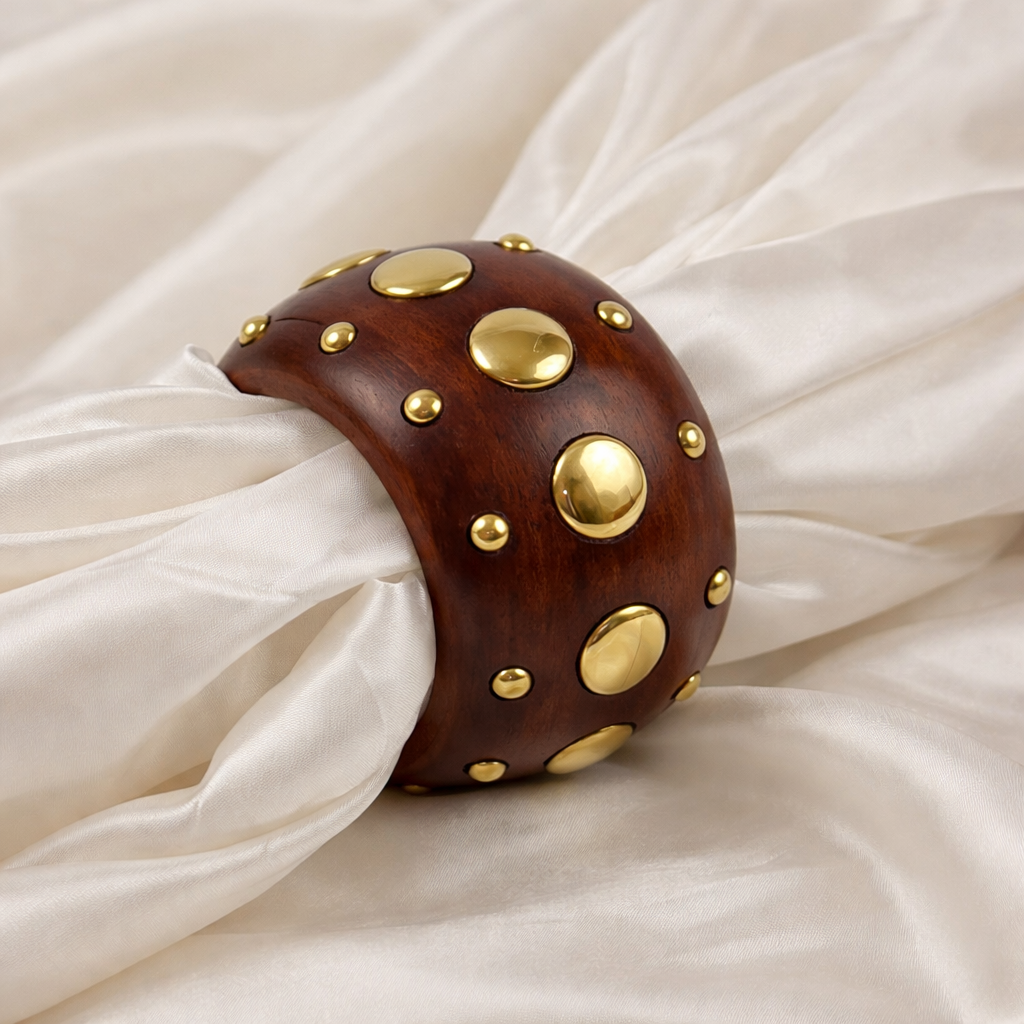 Handcrafted Wood Polished Gold Stud Detailing Bangle