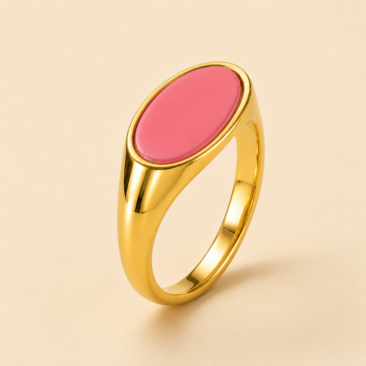 18K Gold Plated Pink Oval Stone Gold Ring for Women
